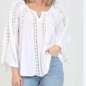 Angie Oversized Peasant Boho V-Neck Bell Sleeve Lace Inset White Blouse Size 2X